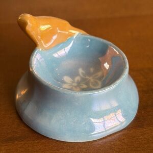 Japanese lustreware Art Deco Bird and flower salt cellar blue orange.